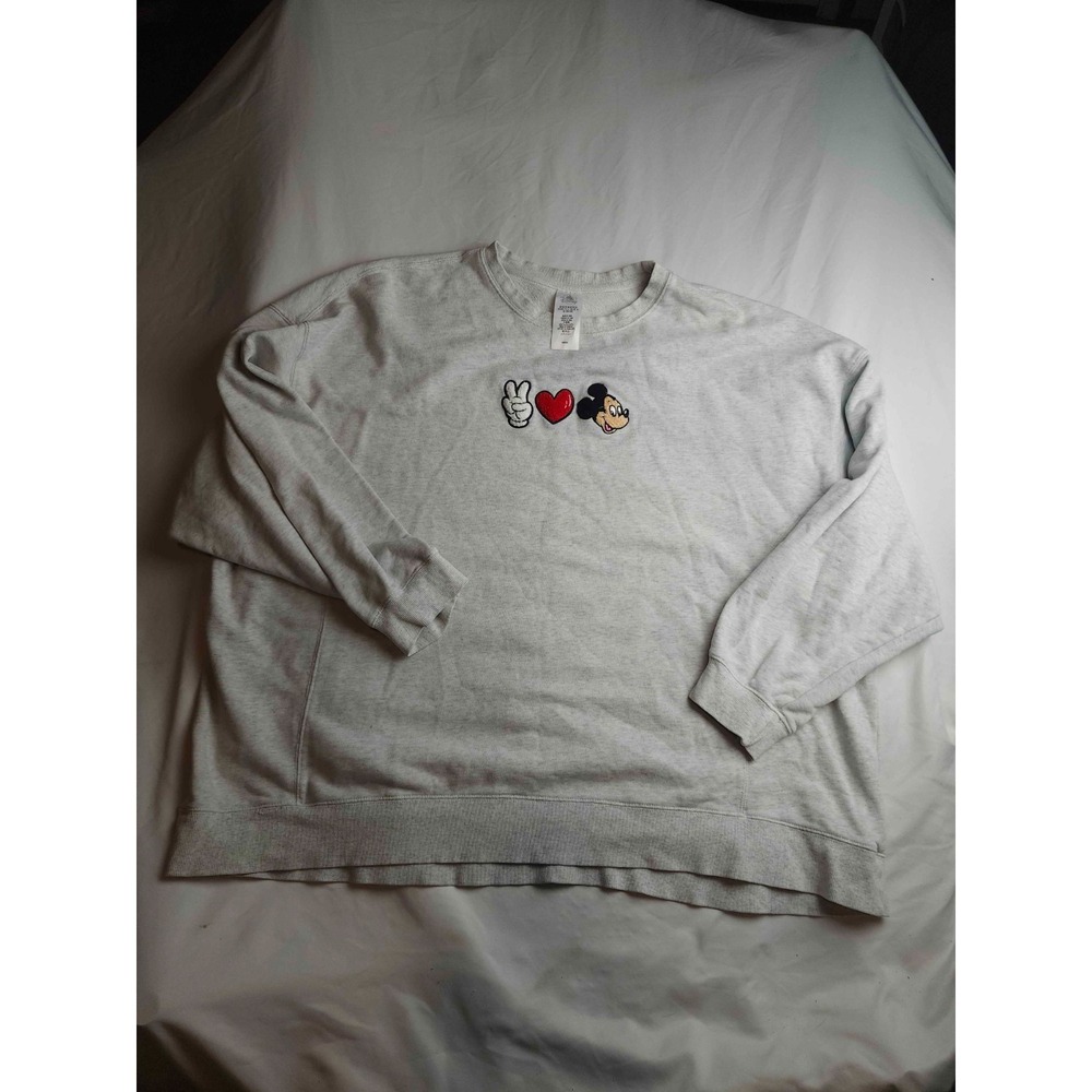 Disney Sweatshirt Womens 2X Grey Mickey Mouse Peace Love Embroidered‎ Pullover